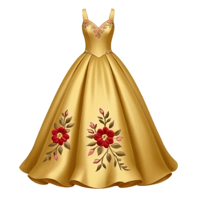 
A golden ball gown with embroidered floral details.




























 sticker