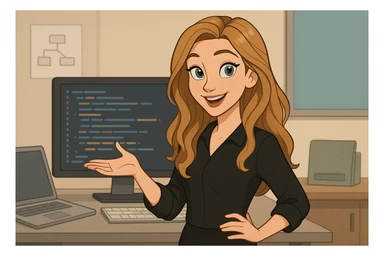 Disney cartoon style European woman, dark blonde long beach wavy hair, green eyes, smiling, black long-sleeved blouse, no chain, no glasses, business setting, software developer, teaching behavior sticker