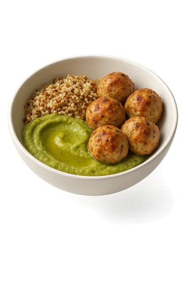 bowl bianca fluttua in aria con polpette di tacchino, purè di zucchine, quinoa e olio di oliva, iperrealistico 4k sticker