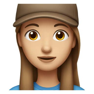lady with blue eyes and brown long straight hair and a cap sticker