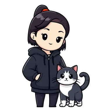 Young woman in black clothes with a Chinese domestic cat sticker