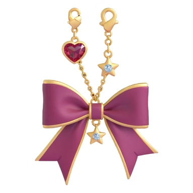Add a tiny dangling heart charm, a delicate chain, and a small star pin to the 3D burgundy bow with gold trim and sparkling jewel. Keep the 3D emoji style exactly as is, with no background. sticker