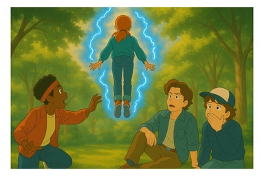 Max from Stranger Things levitating, back view, in front of Lucas, Steve, and Dustin. Lucas is halfway up, desperately reaching for Max, Steve is frozen in concern, and Dustin is covering his mouth in fear. Render in Ghibli style with wide aspect ratio (16:9), supernatural glowing effects, cinematic lighting. sticker
