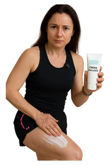 Donna con cellulite sulle cosce che usa una crema chiamata "Crema snellente" sticker