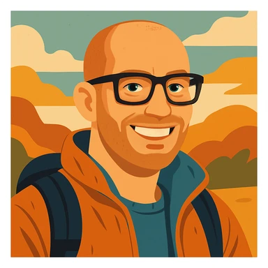 Make the bold man smile, keep the modern illustration style, squared dark glasses, blue eyes, traveler vibe. sticker