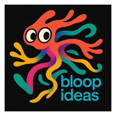 abstract mascot for a black website, playful and energetic, expressive eyes and flowing forms to show thinking and movement, bright lively palette, creative tech portfolio, includes tagline 'bloop ideas' sticker