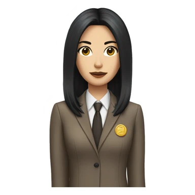 Female defense attorney with long black hair with brown suit sticker