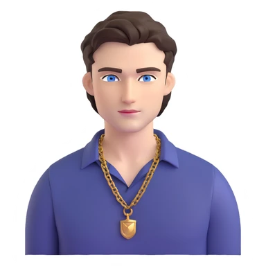 handsome male with intense blue-grey eyes, chiseled features, pale skin, confident smirk, dark brown styled hair, baddie energy, gold chain, stylish fitted shirt sticker