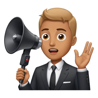 A man in a suit speaks into a loudspeaker sticker