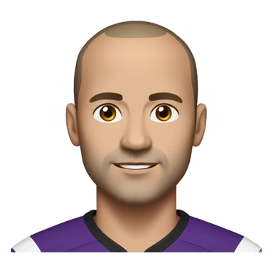 45-year-old man with a slightly round face, very short, almost shaved hair with a small central crest and a slightly receding hairline. He has brown eyes, subtle stubble, and wears a black and purple soccer jersey. sticker