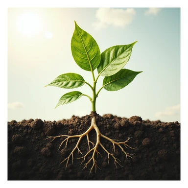 highly realistic detailed whole plant absorbing sunlight, clear depiction of water uptake from roots and CO2 entering leaves, showing fine botanical details, no background, transparent background sticker