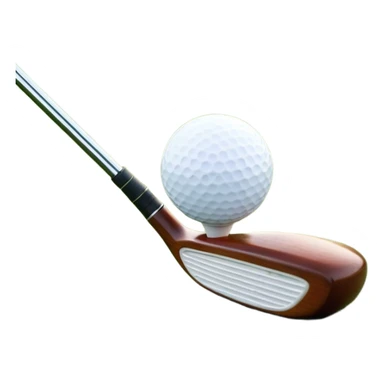 A golf ball on a tee with a golf club placed beside it, set against the backdrop of a well-manicured green golf course. The scene emphasizes the equipment and serene atmosphere of the sport, with soft lighting and a peaceful, open landscape sticker