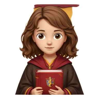 Illustrate Hermione Granger with wavy brown hair, Gryffindor robe & holding a book or wand sticker