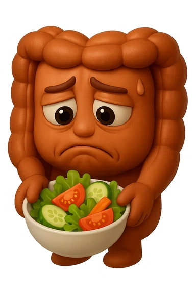 EMOJI STILE IPHONE DI UN INTESTINO UMANO ANATOMICO CHE GUARDA UN INSALATA CON ESPRESSIONE TRISTE E RASSEGNATA IN VOLTO: SOFFRE LA FAME PERCHé è A DIETA, FAGLI ANCHE LA PARTE BIANCA DEGLI OCCHI, NON SOLO LE PUPILLE, IPERREALISTICO 4K sticker