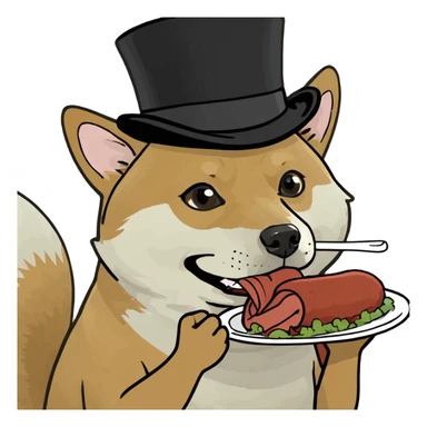 Shiba inu wearing a top hat eating a turkey leg sticker