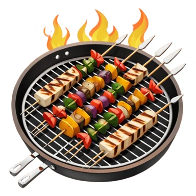 Grilled dishes avatar in bright emoji-style illustration. Skewers, BBQ, and grilled vegetables, warm fire tones, simple shapes, flat design, high contrast, tasty and inviting. sticker