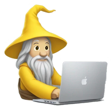 gandalf with a macbook dressed in yellow clothing sticker