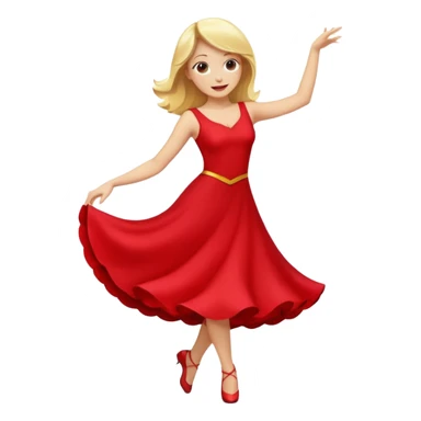a yellow-blonde woman dancing wearing a red dress, in flat emoji / Apple style, smooth shapes, glossy highlights, bright saturated colors, simple features, minimal details, no outlines, red clothes flowing, joyful pose sticker