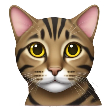 brown tabby cat with black stripes and yellow-green eyes and pink nose sticker
