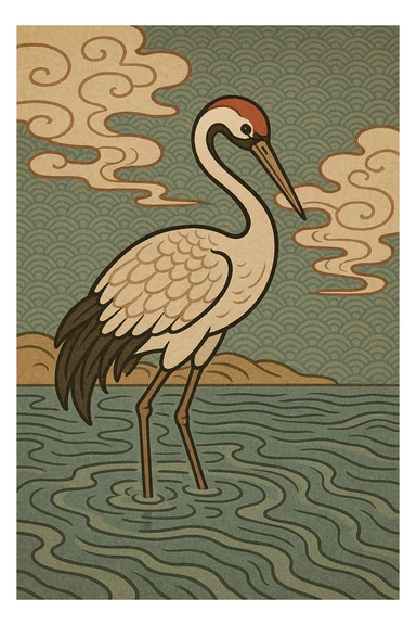 a crane standing in shallow water, ukiyo-e style sticker