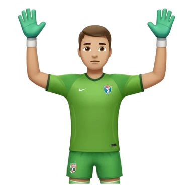 goalkeeper, standing, wearing a green shirt, shorts, socks and football boots, with arms raised sticker