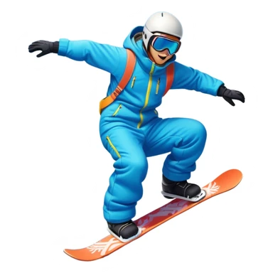An icon featuring a snowboarder mid-jump, performing a stylish trick above a snowy mountain slope. The background showcases powdery snow, evergreen trees, and a bright blue sky. Transparent background captures the energy, skill, and thrill of snowboarding. sticker