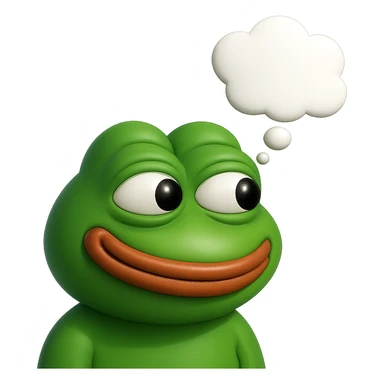 make a pepe in bright green smiling with thought bubble looking at right left in 3d style, good highlights and shadows, drop shadows sticker