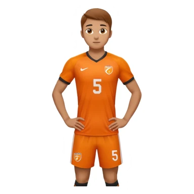 Apple iOS style 22 year old soccer player standing hands on waist, orange jersey #5, stadium lighting sticker