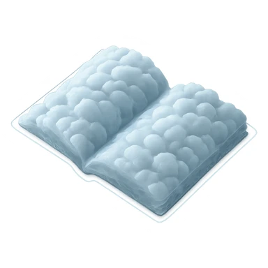 top view of a thick open book made entirely of small, very bright white fluffy convex clouds, matte glass style sticker