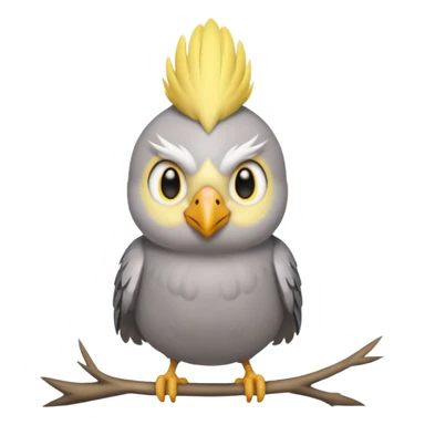 cockatiel in iOS emoji style, perched and facing forward, with a soft gray body and yellow face sticker