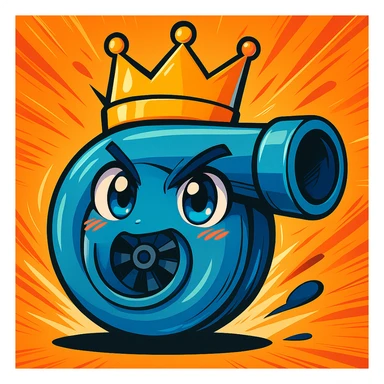 Make the turbocharger with a crown more anime style, featuring expressive eyes and dynamic lines, with vibrant colors. sticker