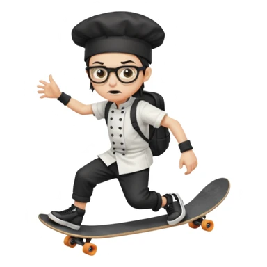 ["An angry boy , ponytail, wearing a chef hat and square glasses, dressed in goth fashion, is skateboarding while holding a backpack."] sticker