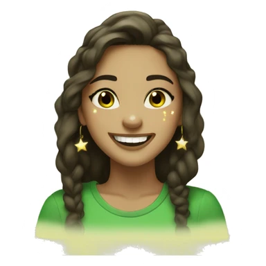 Brunette girl with light brown eyes, nose piercing, ear piercings, with light makeup. Wearing green. Surrounded by light yellow sparkles. Laughing.  sticker