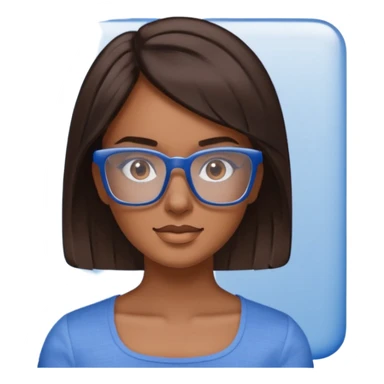 mujer de 30 años, cabello marron oscuro, anteojos cuadrados transparente, top celeste escote cuadrado sticker