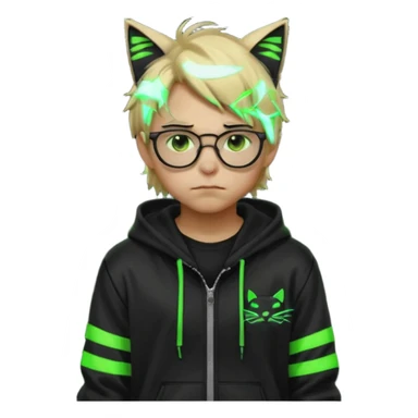 Light blond, slightly messy hair
Black glasses
A black hoodie with cat ears
Neon green details on the jacket and pants (glowing lines and stripes)
An overall hacker / cyberpunk style look
A neutral facial expression (boy )eyes brown) the hood with ears BROWN EYE BROWN EYE sticker