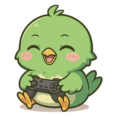 green chibi anime bird happy, gaming with a controller, chibi style, anime style, cute character, playing video games sticker