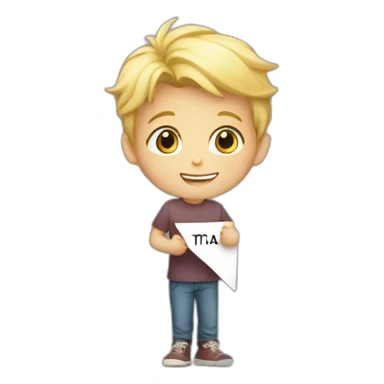 a young blond boy holding a sign , written" vivien ta maman"" sticker