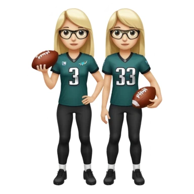 full length women wearing eagles uniform, long blonde hair, straight bangs, black glasses, holding football, number 33 sticker