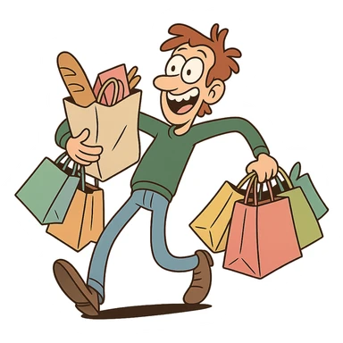 goofy character with overflowing shopping bags, playful and whimsical sticker