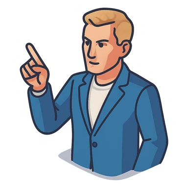Confident male leader, Caucasian, short neat blonde hair, sharp eyes, indigo jacket, one arm raised gicing direction, waist-up, front-facing sticker