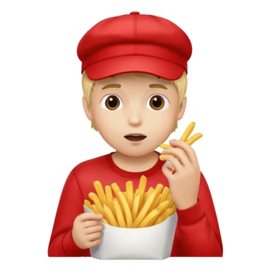 Young blond boy wearing a cap eating French fries sticker