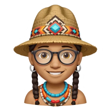 cute Indigenous tribal character portrait, head and shoulders only, wearing glasses, stylish hat, friendly smile, colorful tribal patterns, 3D cartoon, mobile game icon style, clean background, no text, no watermark
 sticker