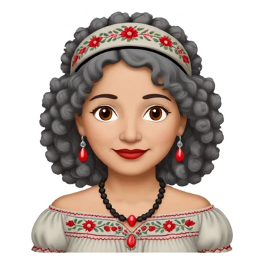 Latina woman, about 55 years old, slightly darker warm brown skin, round soft face, curly black and gray hair, red and white headband, medium eyes, thin eyebrows, gentle smile, gray peasant blouse with embroidery, bare shoulders, large dark necklace sticker