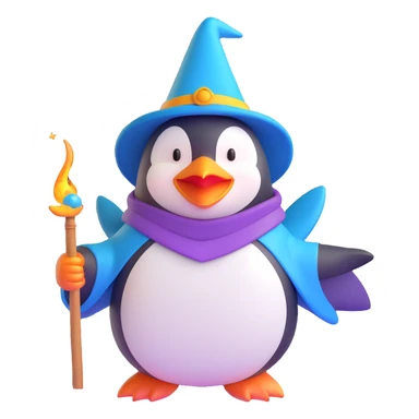 a penguin wizard casting a spell, 3D emoji style sticker