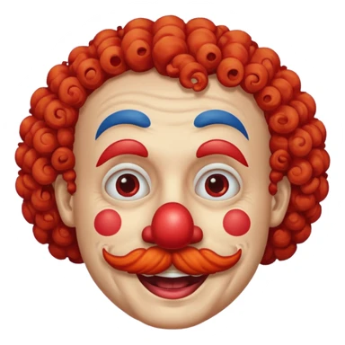 Classic clown — curly mustache, red nose sticker