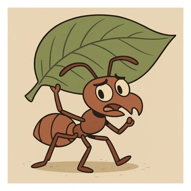 a single leaf cutter ant holding a large leaf, cartoon style, simple background sticker