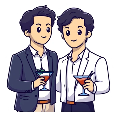 Management educator with black wavy hair, stubble, strong features, white skin, smart casual attire, mingling at a business networking reception, engaged in dynamic conversation with other professionals, cocktail event setting sticker