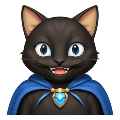 an all black anthropomorphic cat with blue eyes wears an all black cape and is smiling a mischievous sharp tooth grin sticker