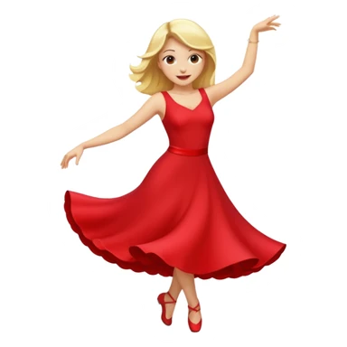 a yellow-blonde woman dancing wearing a red dress, in flat emoji / Apple style, smooth shapes, glossy highlights, bright saturated colors, simple features, minimal details, no outlines, red clothes flowing, joyful pose sticker