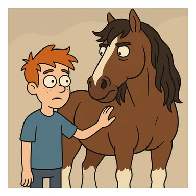 A boy orange hair blue shirt Clydesdale horse sticker